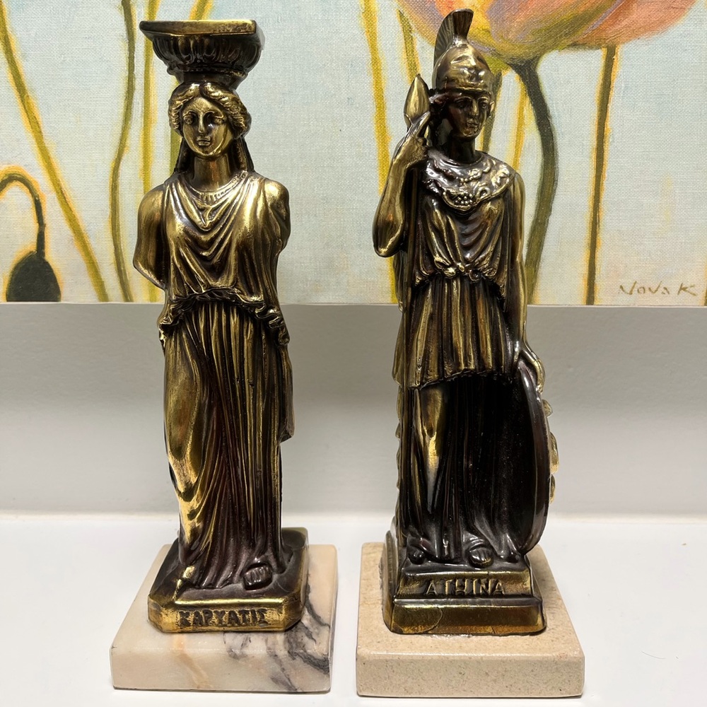 Vintage Bronzed Roman Figurines Kapyatie Athina Marble Base Statue
